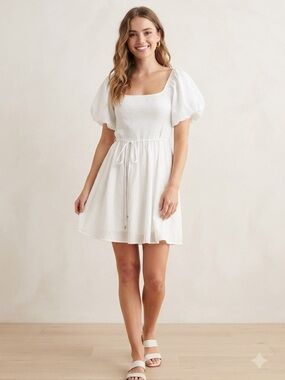 White Puff-Sleeve Smocked Mini Dress with Tie Waist